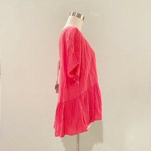 Zara Tassel Tie Back Asymmetric Tunic Short Sleeve Blouse Top Coral size M